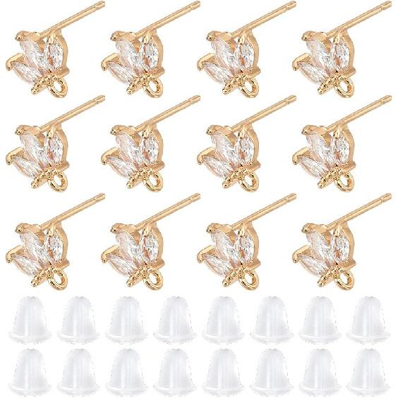 DICOSMETIC 12Pcs Flower Earrings Findings 18K Gold Plated Cubic Zirconia Stud With Loops, Rhinestone Posts, Brass Studs With Ear Nuts for DIY Jewelry