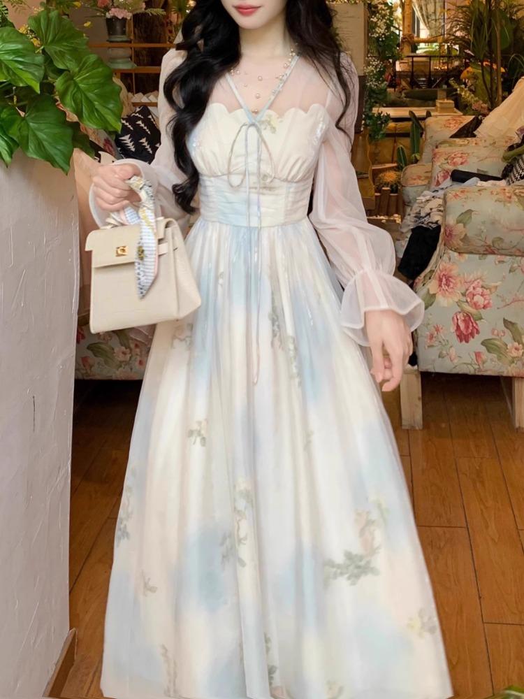 French Gentle Style Floral Dress Women Spring 2025 New High Waist Fairy Long Dresses Fashion Print Design Party Clothes