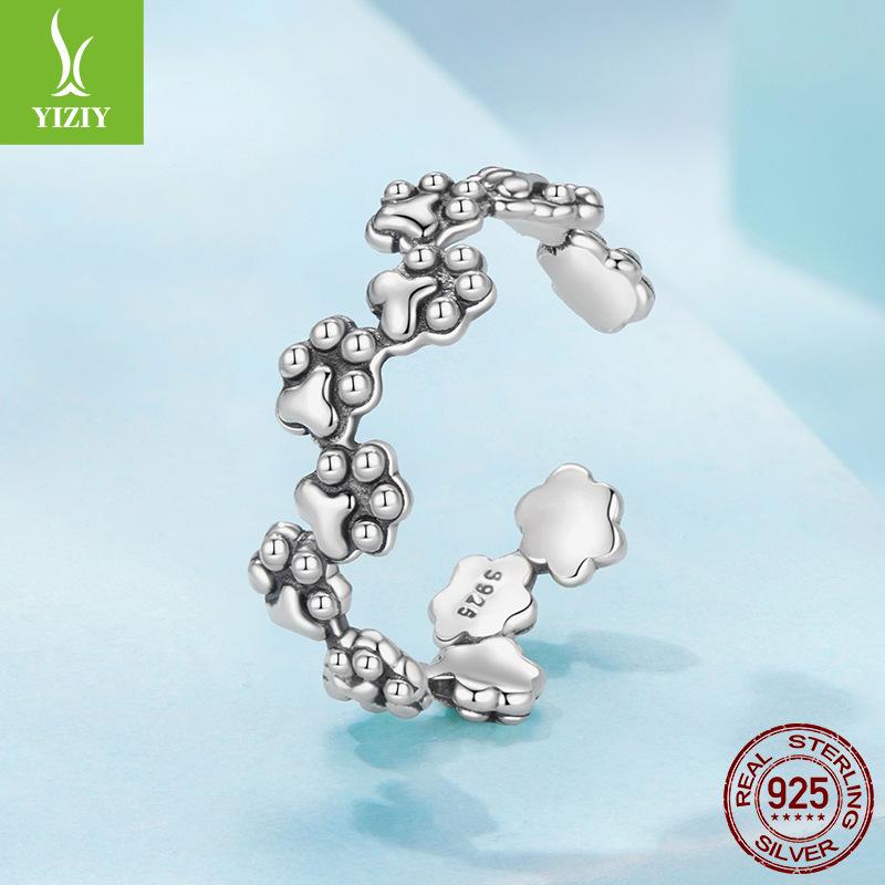 Cute Retro Style Pet Cat Paw Print Open Ring S925 Sterling Silver Paw Print Splicing Ring