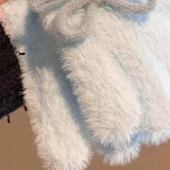 Women Fuzzy Thermal Gloves Fluffy Winter Thick Full Finger Gloves with Bows Solid Color Cute Warm Plush Gloves for Girls Cycling Daily Errands