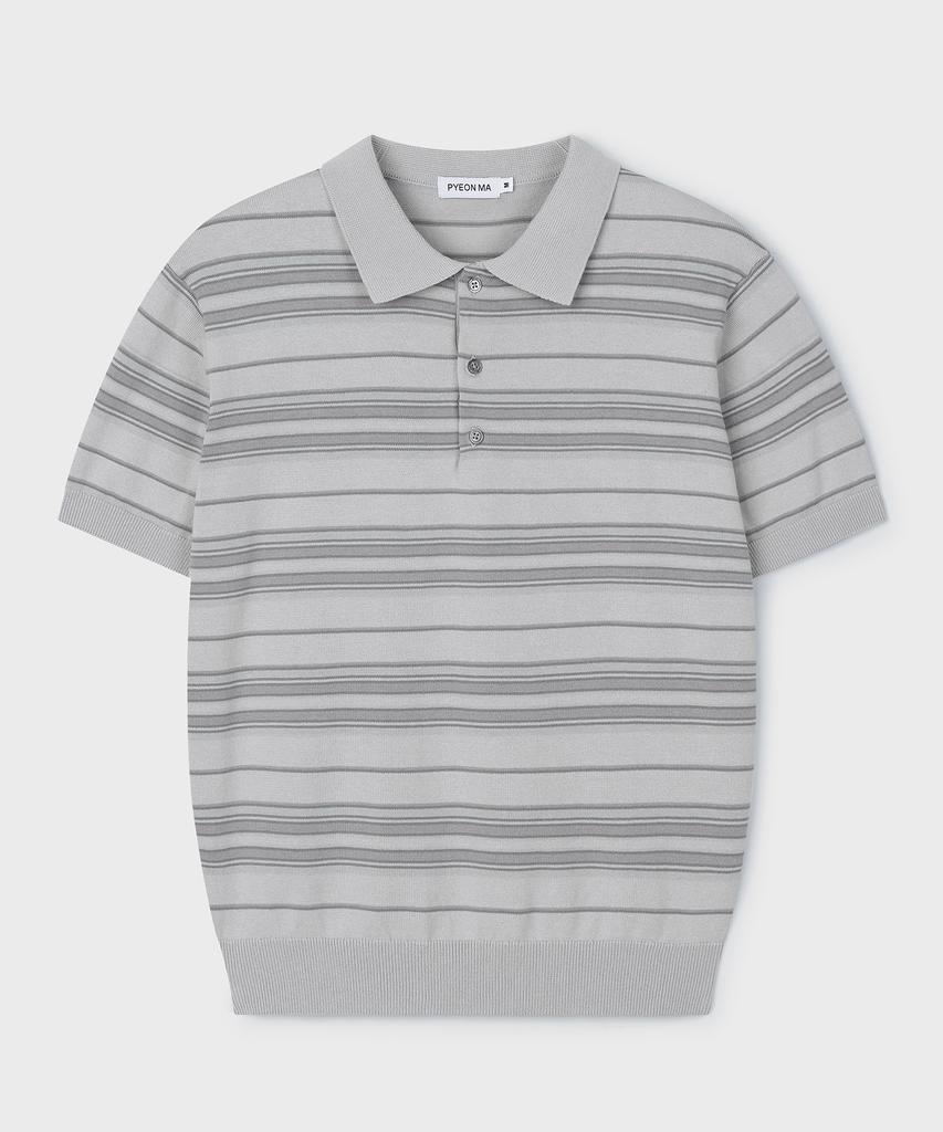 PYEON MA Multi Stripe Short Sleeve Polo Knit - Gray