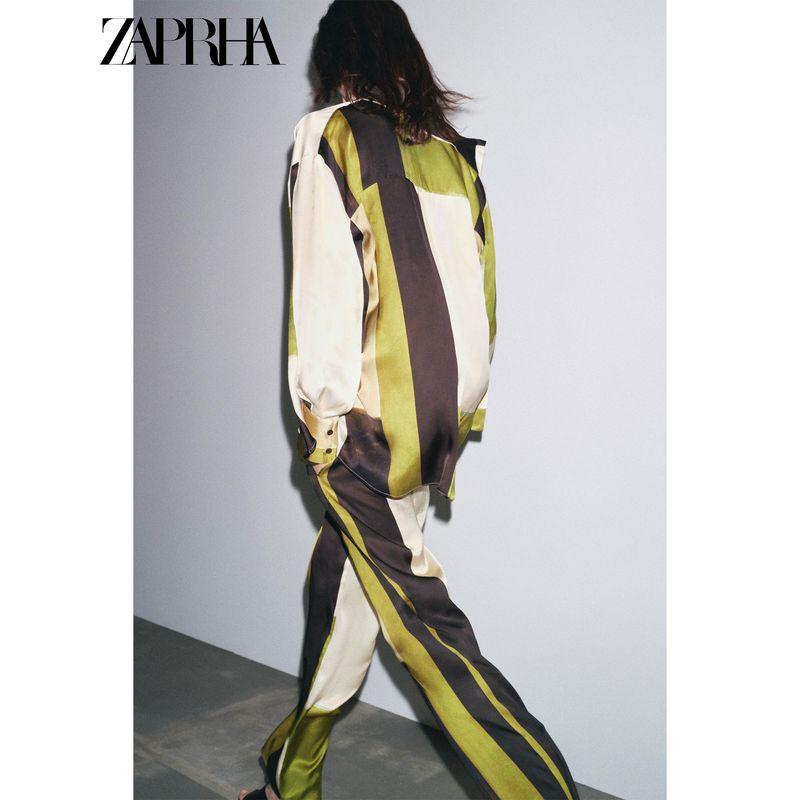 Zaprha 2025 Summer New Advanced Fashion Silk Satin Satin Texture Print Mid-Waist Straight Pants 9064816