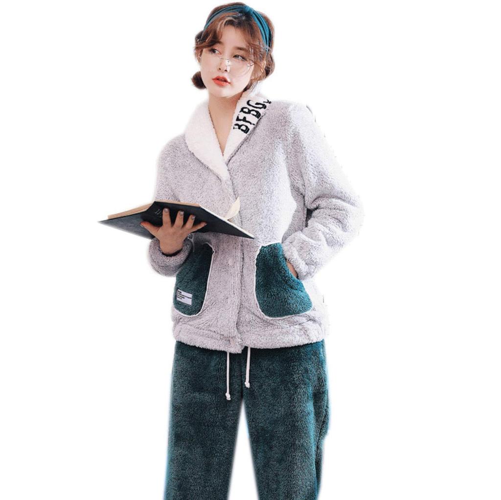 YANIKO Fluffy Loungewear Cardigan Set for Women's Fall/Winter (Green, XL)