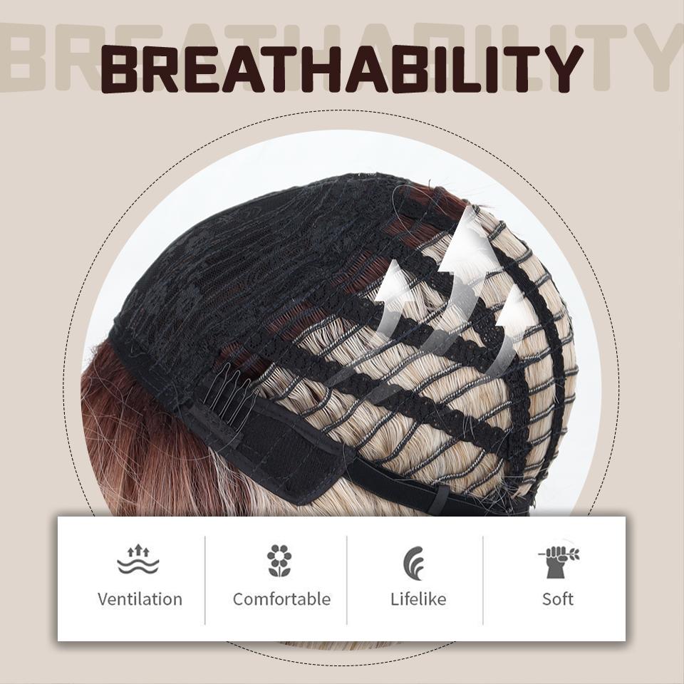 MISS WIG Brown Ombre Blonde Synthetic Fiber Wig with Natural Bangs Women Ash Blonde Shoulder Length Wavy Wig for Women