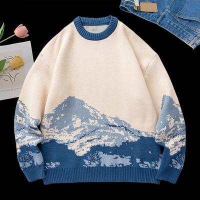 Fall Winter Men Sweater Tie-dye Snowberg Pattern Color Matching Round Neck Knitted Thick Long Sleeves Warm Loose Men Knitwear