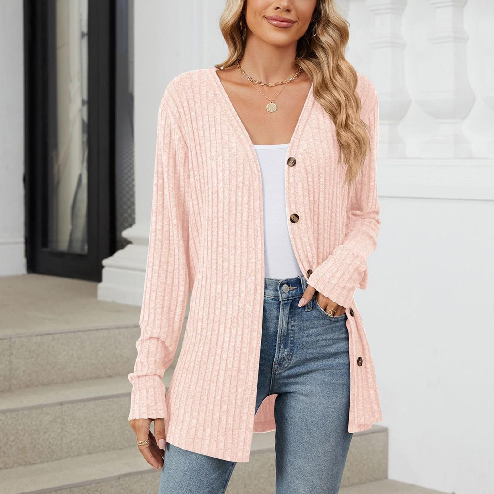

Жіночий модний повсякденний однотонний кардиган із довгими рукавами і вільними ґудзиками L рожевий