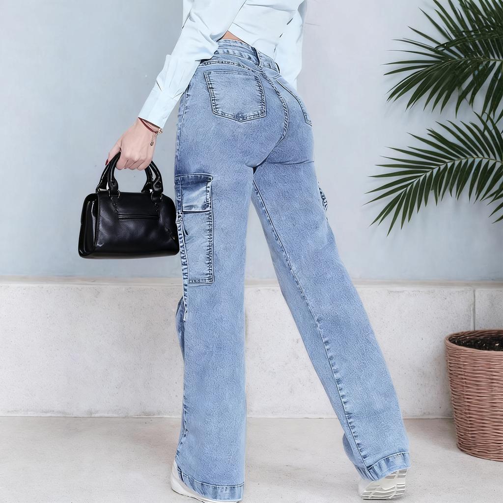 Jeans Donna Elasticizzati Moderatamente Moda Gamba Dritta Pantaloni in Denim Con Tasche