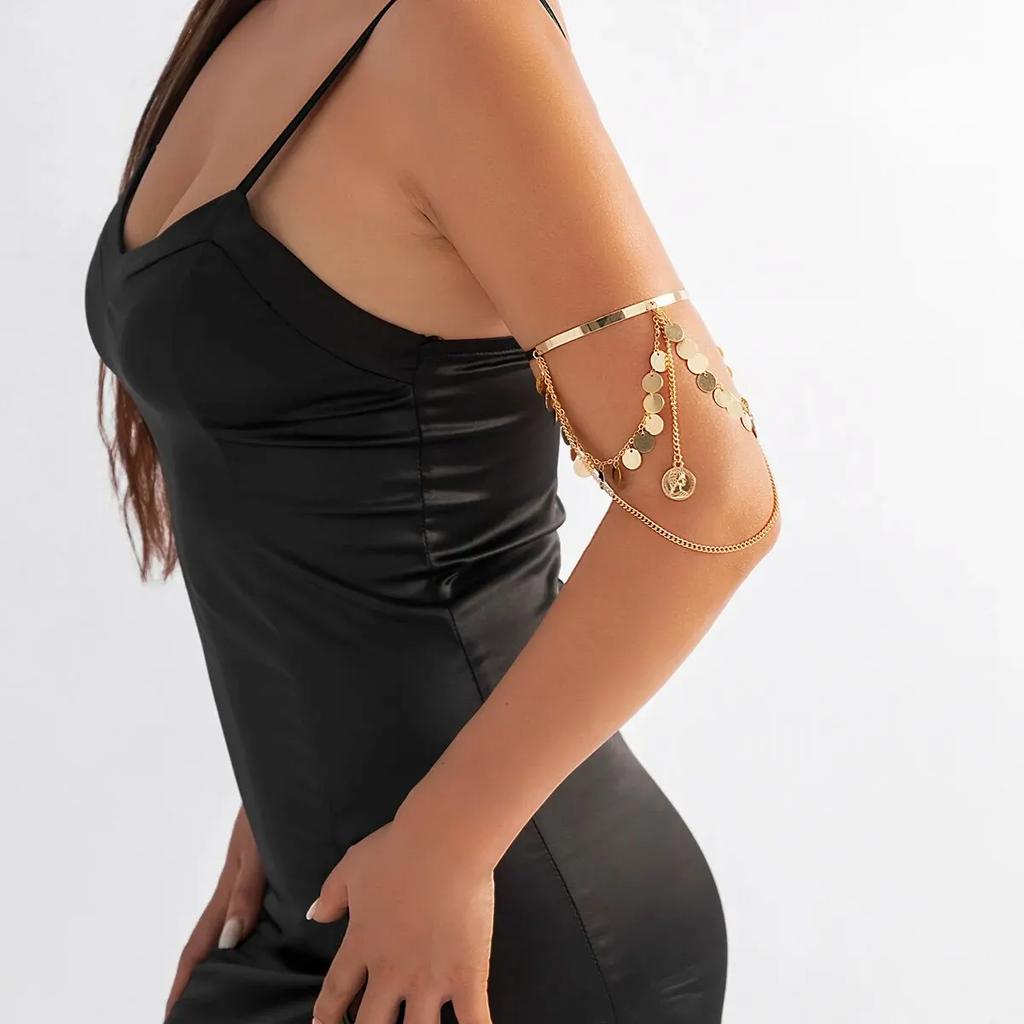 Exquisite Sequins Tassel Arm Chain Open Bangles for Women Sexy Boho Multi-layer Upper Arm Cuff Bracelet Wed Party Body Jewelry