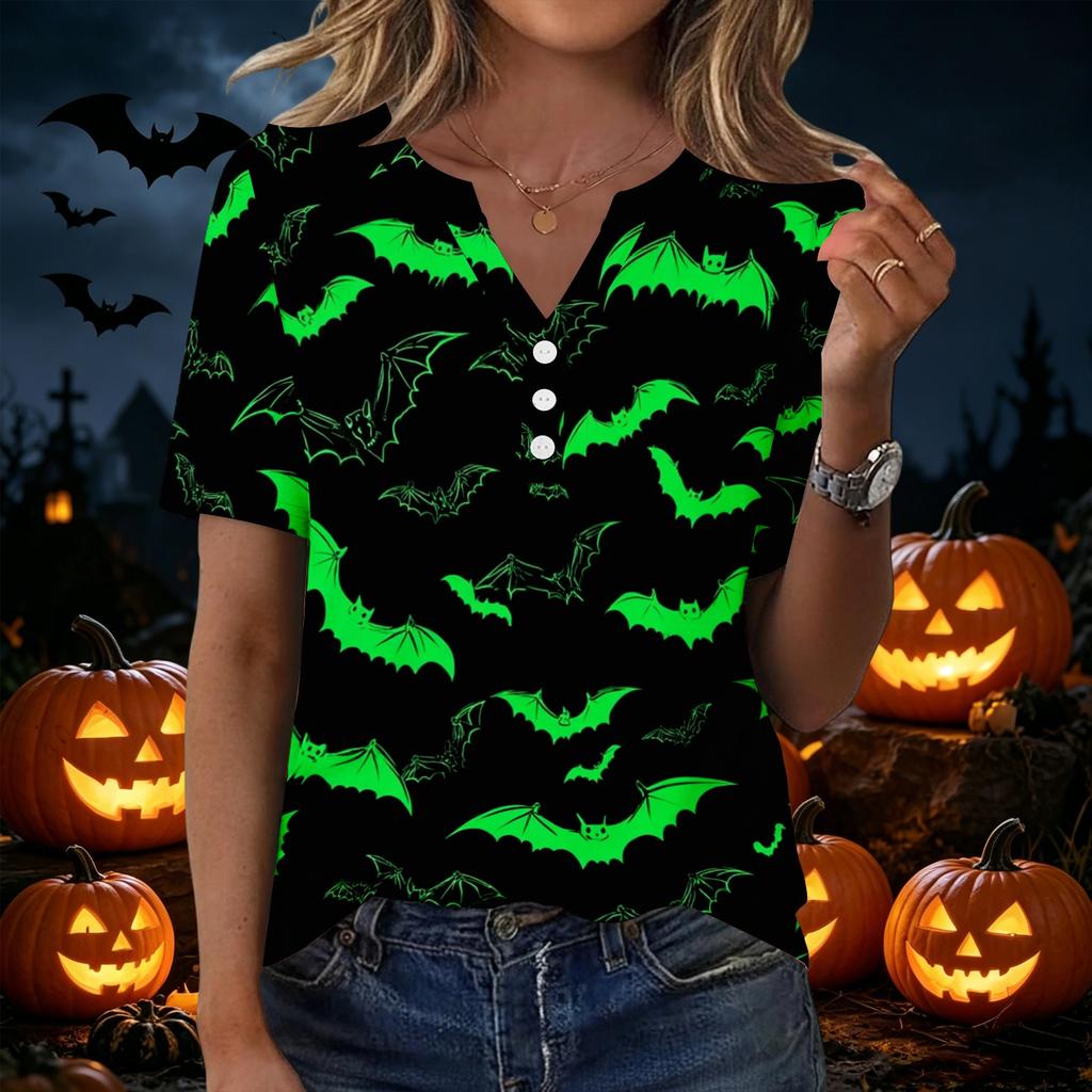 Women's Casual Halloween Print V Neck Button Front Three Quarter Sleeve T Shirt Top for Everyday Wear and Seasonal Occasions