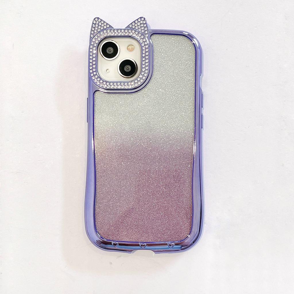 Diamentowe Uszy Kota Odpowiednie do Etui na Telefon IPhone16 Gradientowy Brokatowy Puder Apple 15 All Inclusive 14ProMax Miękkie Etui 13