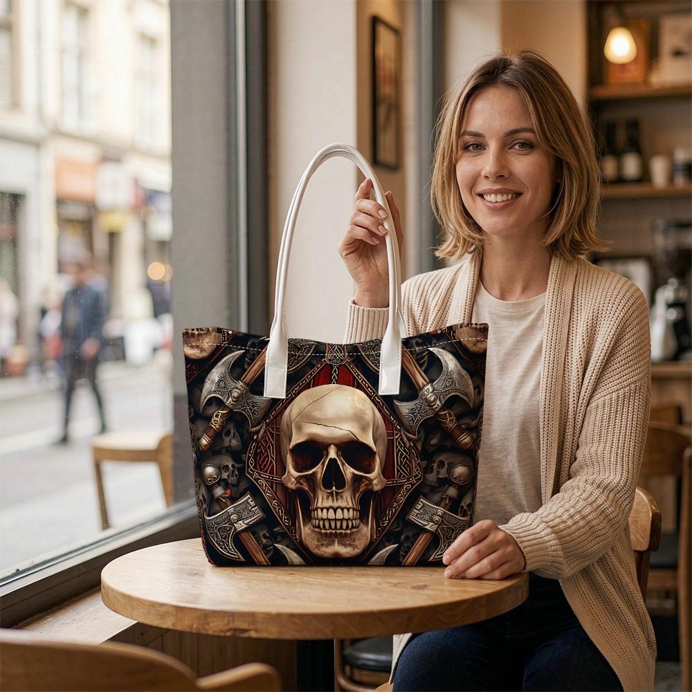 Viking Skull Print Tote Bag Gothic Shoulder Bag Streetwear Handbag