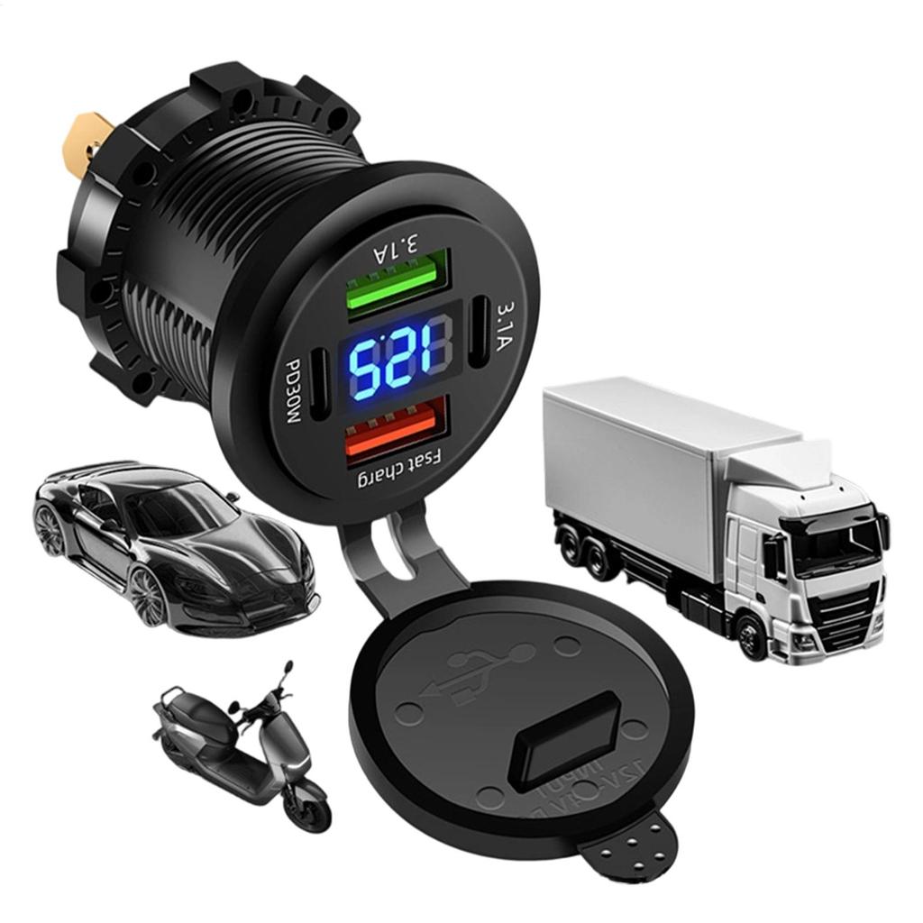 Car Charger Socket Dual PD & Dual USB 4Ports Fast Charging Socket Waterproof with Voltmeter 12V/24V For Car Boat Motorcycle