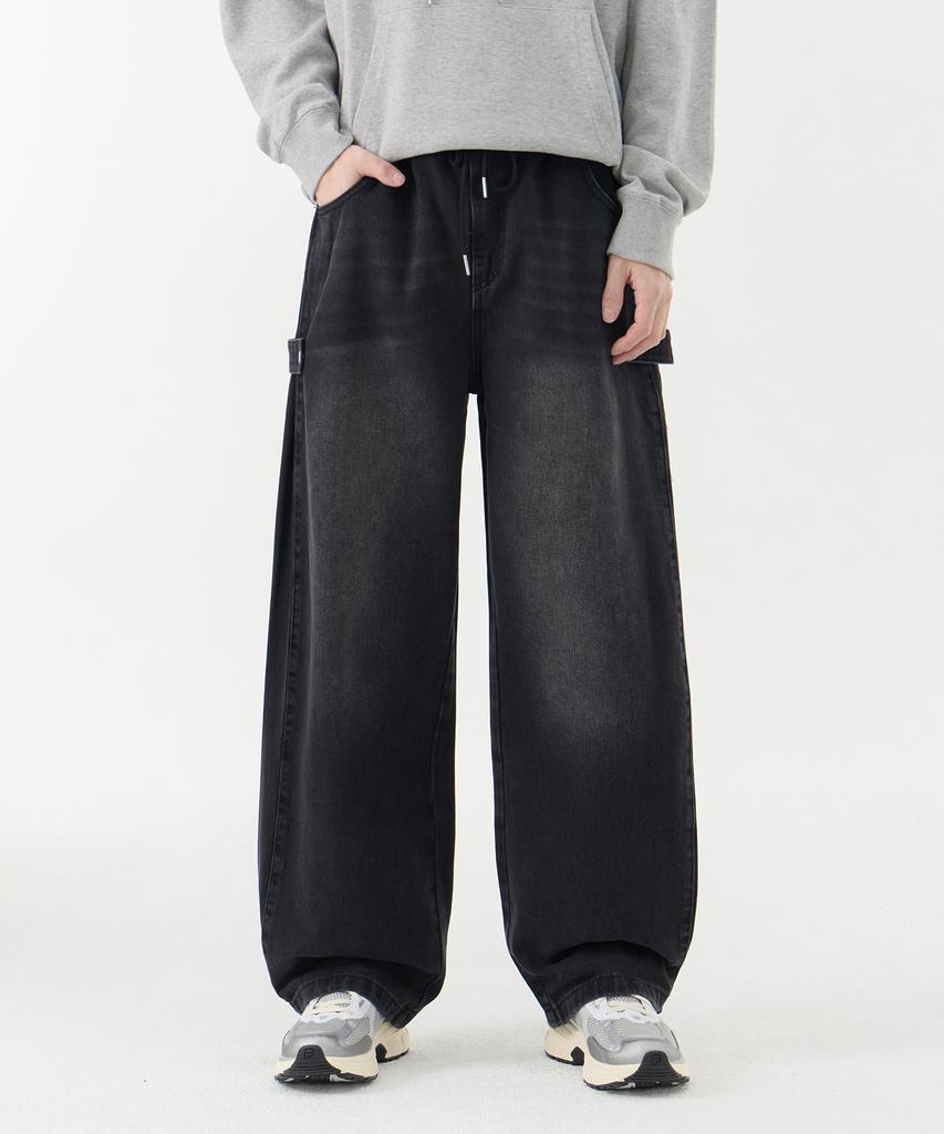 Akeusi Multi Side Strap Elastic Wide Denim Pants Unisex (Black)