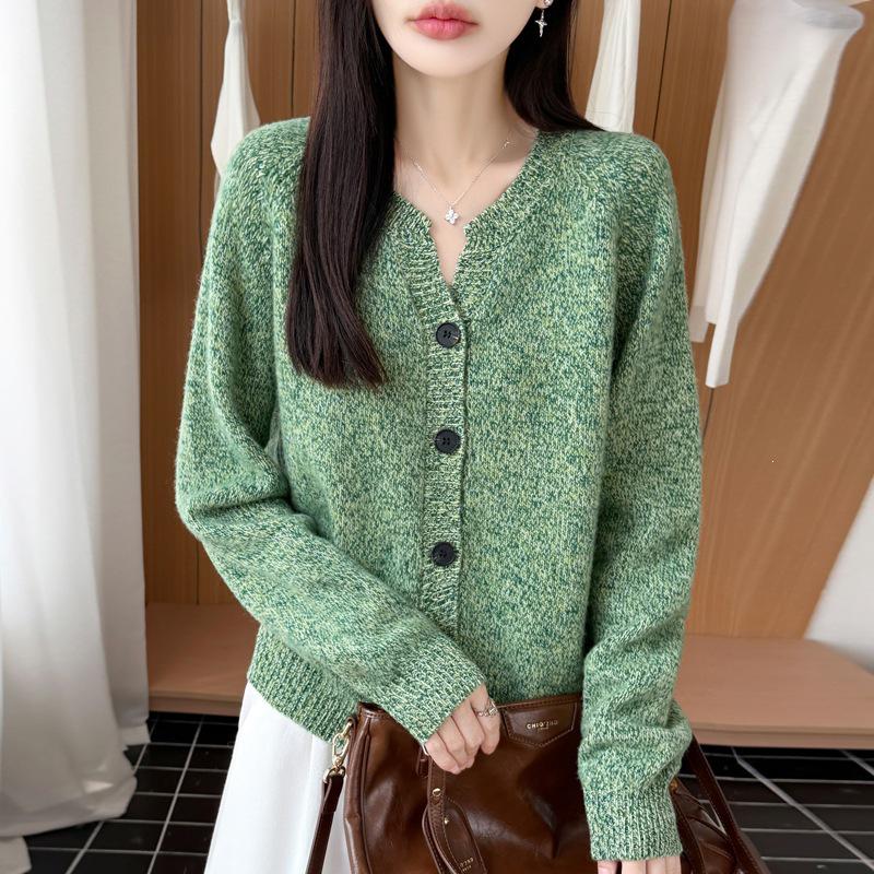 Autumn/Winter Pure Wool Thick V-Neck Long Sleeve Heather Yarn Cardigan Sweater