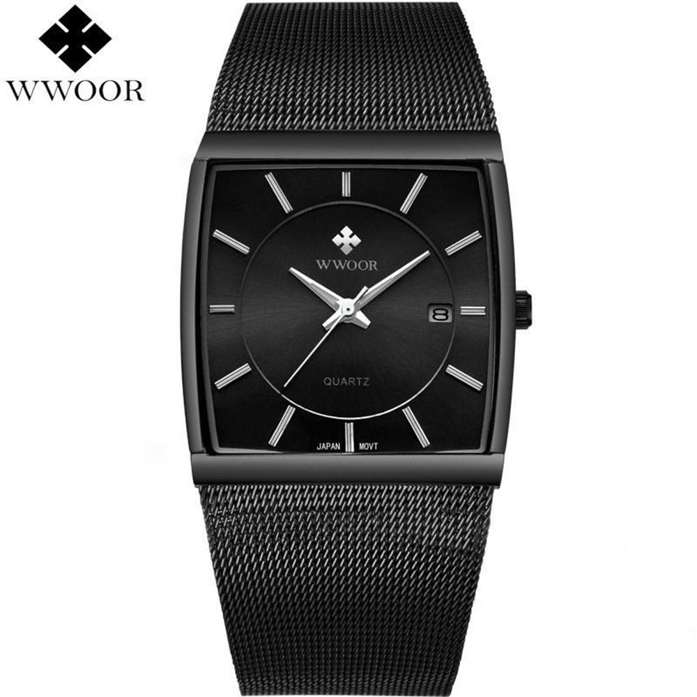 Top Brand WWOOR Quartz Watch Men Square Waterproof Business Men's Watches Luxury Black Steel Strap Sport Wrist Watch