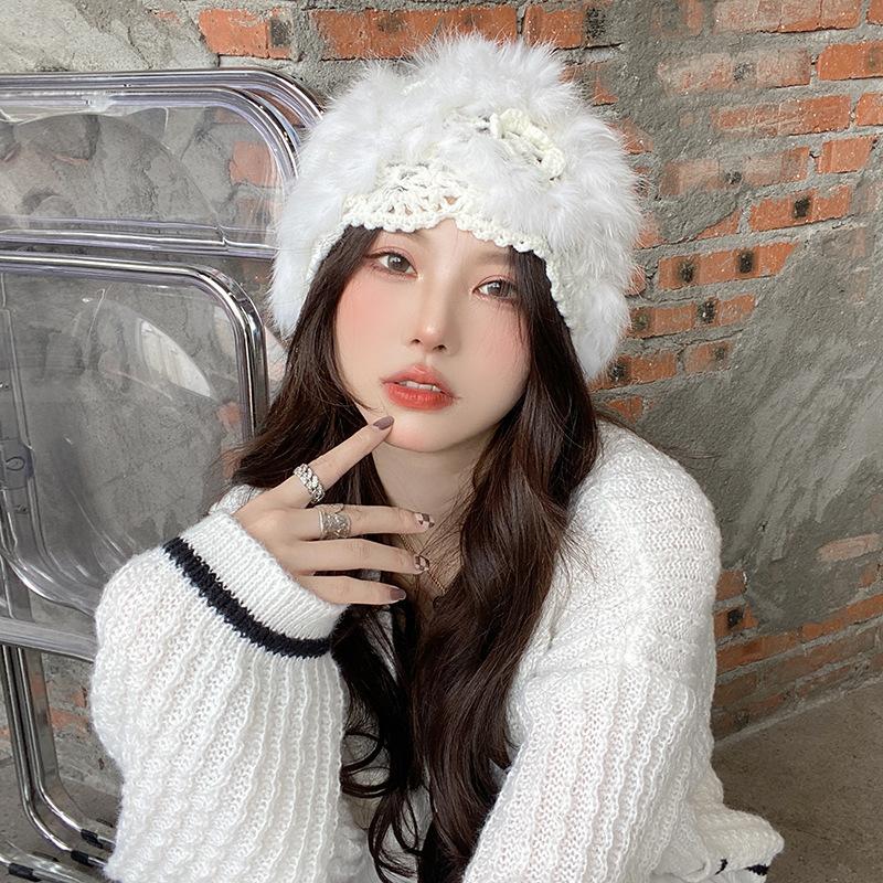 

Winter warm hat rabbit plush headgear versatile cold-proof autumn and winter wool knitted wool basin hat one size fits all чорний