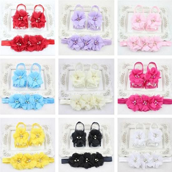 Cute Newborn Baby Infant Girl Rose Flower Headband + Barefoot Ring Sandals Shoes