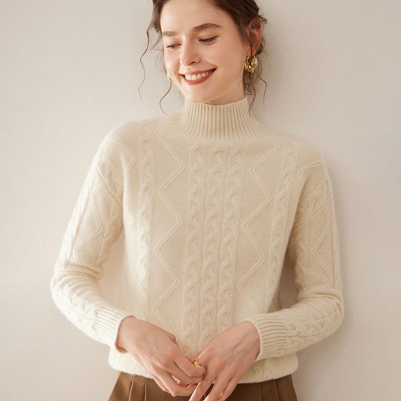 2025 Autumn-Winter Women's Retro Cashmere Cable Knit Sweater, Half-High Collar, Loose Slim Fit