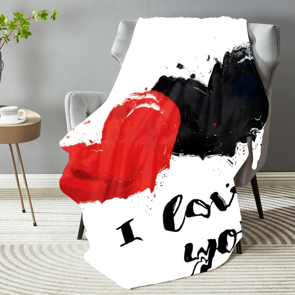 1pc White Blanket Black Red Heart I LOVE YOU Print Comfortable Flannel Blanket for Home Living Room Bedroom Decor Birthday Gift