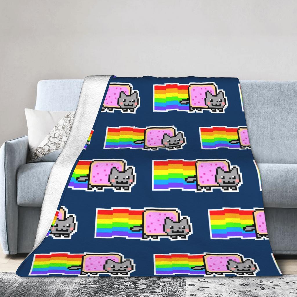 Cat Rainbow Pixel Nyans Blanket Fleece Winter Portable Super Warm Throw Blankets for Home Outdoor Rug Piece