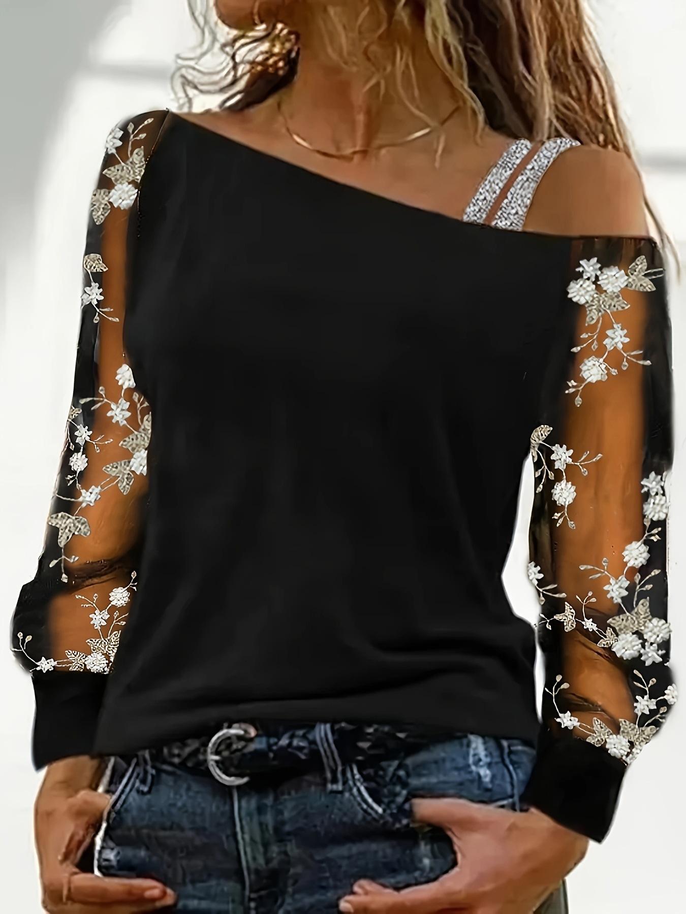 Women s Fashion Clothing Casual Slant Neck Embroidered Long Sleeve Top Women s Sexy Off-Shoulder Loose T-Shirt S чёрный