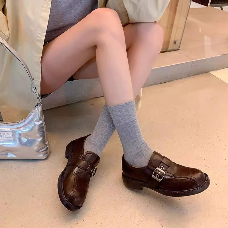 Sheepskin Version~ French Retro Loafers Round Head Deep Mouth Single Shoes 25 New One-pedal Mary Jane Shoes Small Leather Shoes