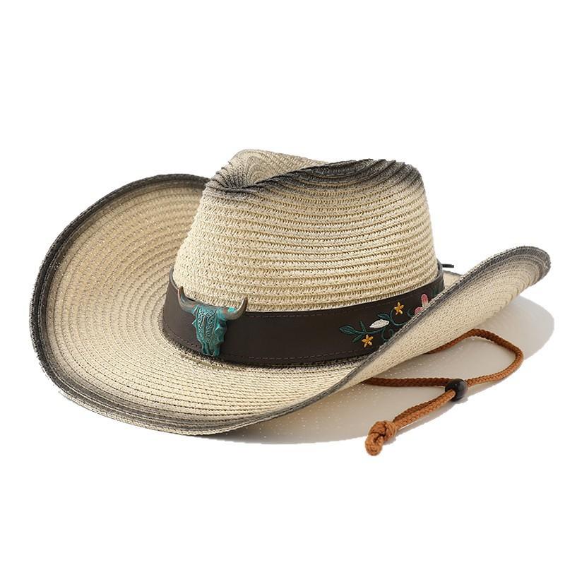Embroidered cow head belt western cowboy hat new summer outdoor leisure sunscreen sunshade mountaineering straw hat