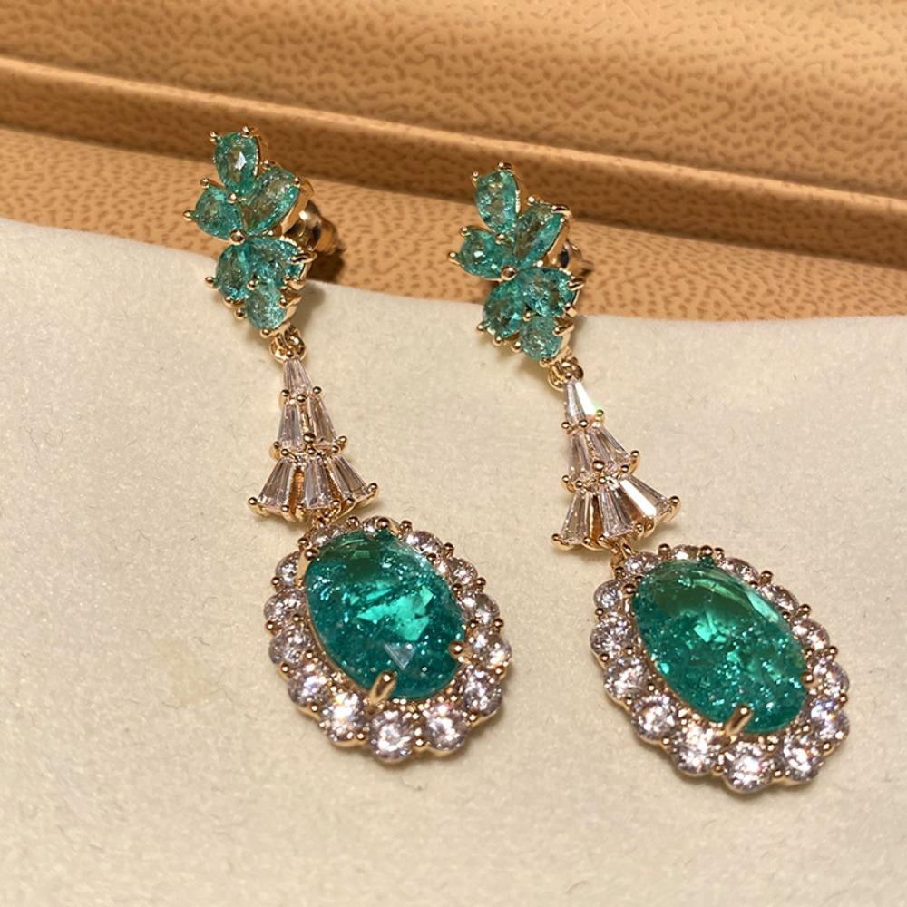 Luxury Gemstone Earrings Ocean Green Teardrop Pear Shaped Dangle Earrings with Diamond Accents for Women