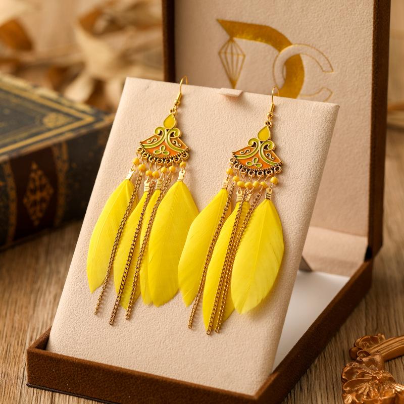 Bohemian Ethnic Feather Tassel Dangle Earrings For Women Trendy Long Beads Indian Drop Earrings Female Vintage Boho Jewelry Gift