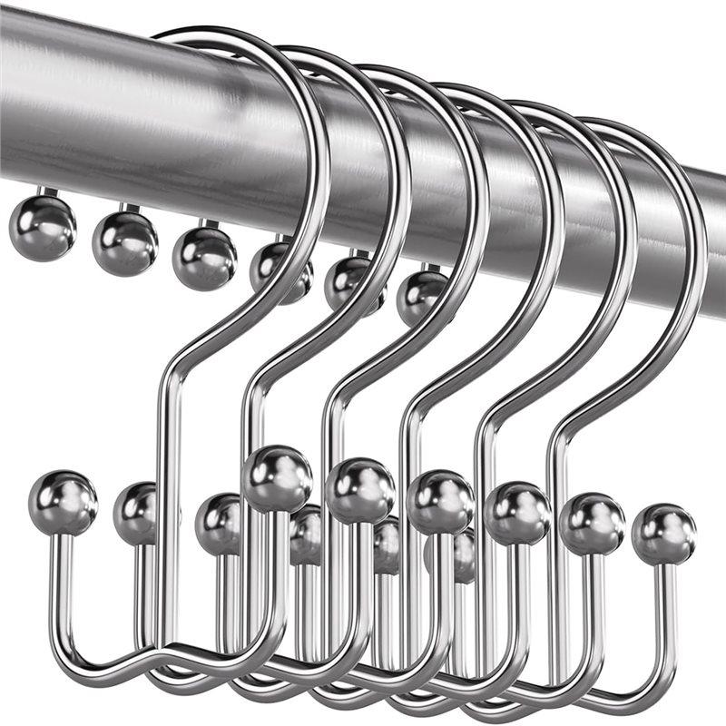 Premium-Metal Shower Curtain Hooks Rings Double Hook 24 Pcs Shower Curtain Hangers For Bathroom Shower Curtain Rod