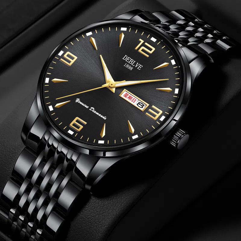 Men's Ultra-Thin Luminous Waterproof Alloy Wristwatch with English-Chinese Calendar and Solid Steel Band