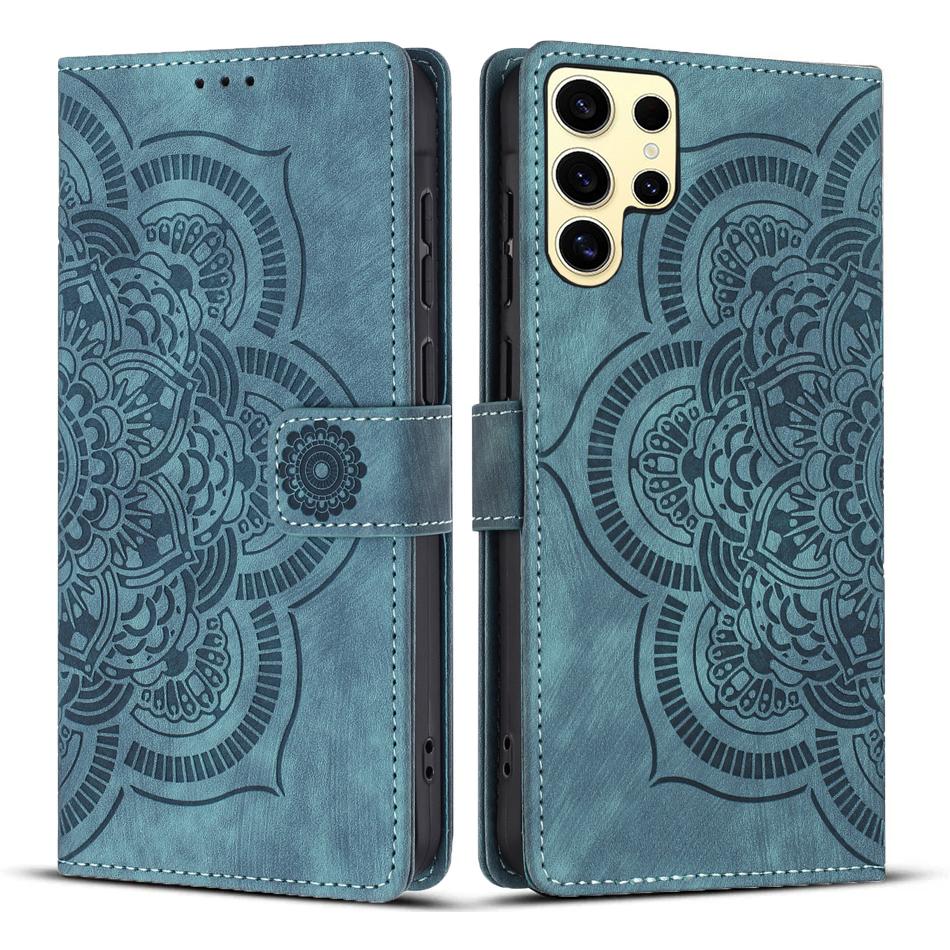 

For Samsung Galaxy S24 Ultra Leather Case WANLONFENG HDM Series Mandala Imprint Wallet Stand Phone Cover Blue
