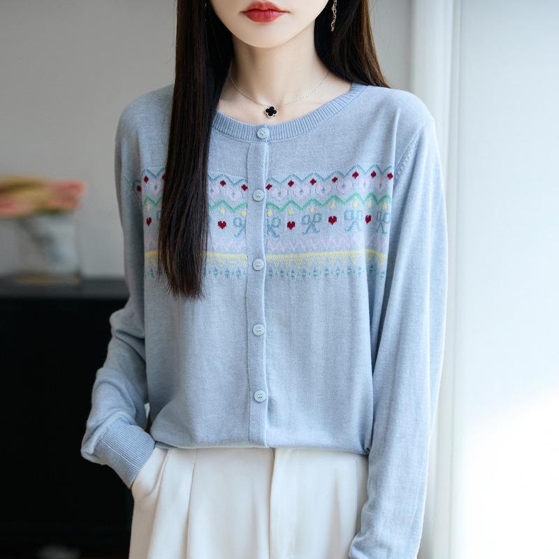 Spring and Autumn New Round-neck Knitted Cardigan Long-sleeved Women's Loose Top Coat with Bow Jacquard