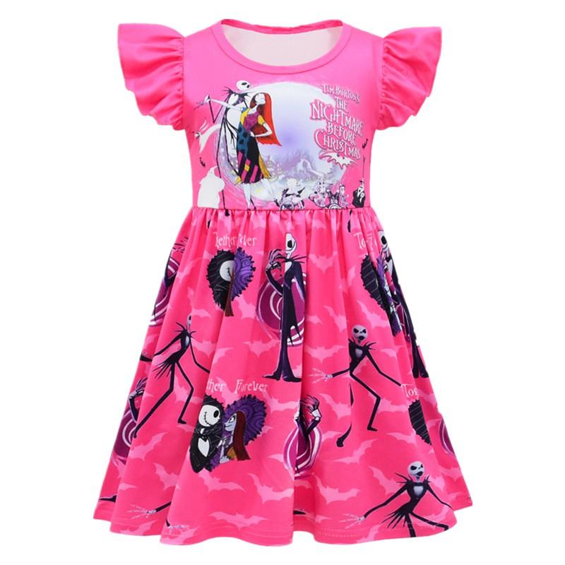 Girls Halloween Short Dress Ruffle Sleeve Round Neck A-Line Party Kids Casual Costume