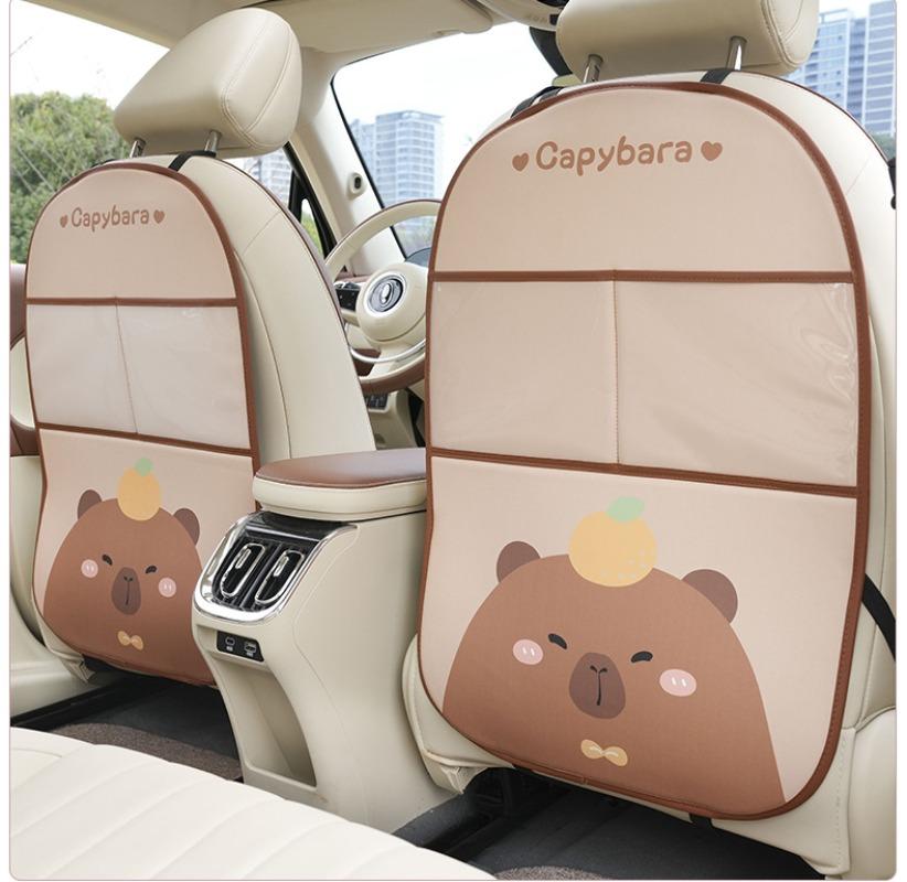 1pc Cute Capybara Car Seat Back Storage Bag Cover Protector for Kids Anti-kick Pad Cartoon Leather Accessories Cartoon Interior