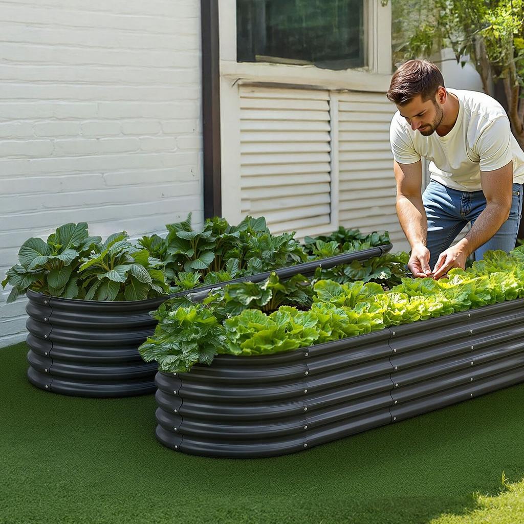 Metal Raised Garden Bed, 2.0 X 0.6 X 0.4 M Oval Outdoor Galvalume Planter Garden Box, Open Bottom Design, Large Planter Raised Bed for Growing