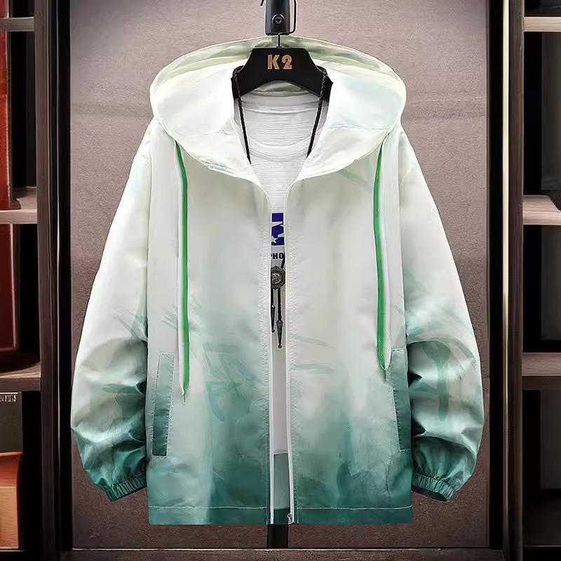 Men's Hooded Ice Silk Cooling Jacket - Chinese Style Print, Lightweight & Breathable Sun Protection