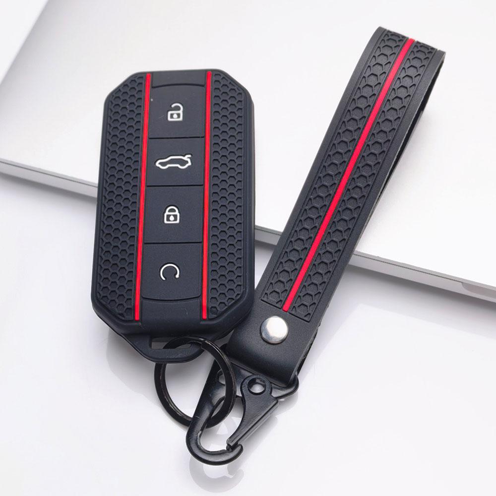 4 Button Silicone Key Fob Cover with Matching Keychain for Chery Jaecoo 7 8 J7 J8 Lock Unlock Trunk Remote Start Buttons, Full Wrap Key Guard for