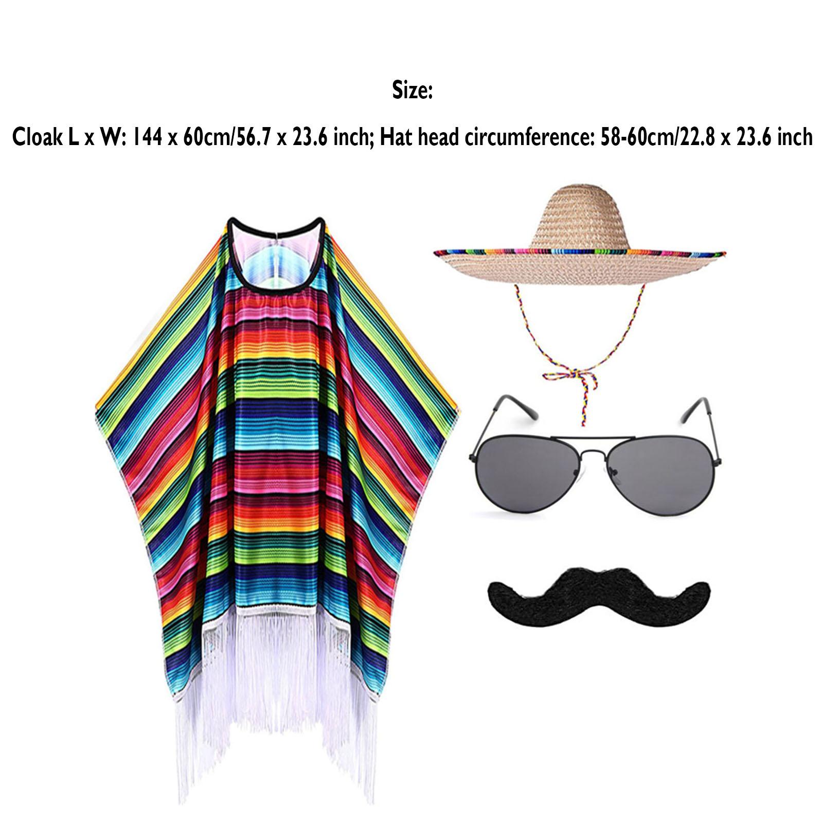 Costume Mexicain Enfant Adulte Cape Poncho Colorée Chapeau Sombrero Lunettes de Soleil Moustache Ensemble pour Fête Mexicaine Halloween Carnaval One Size gray