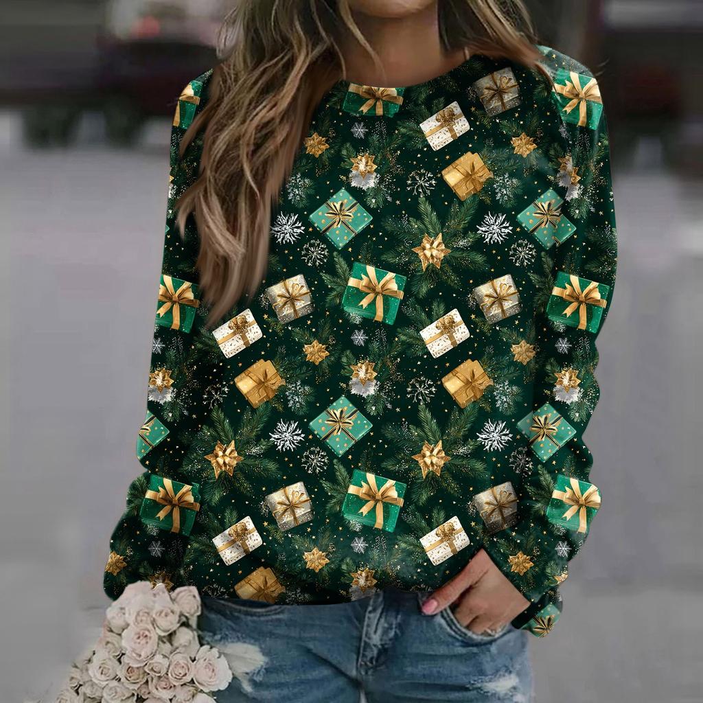 Women's Fashion Casual Long Sleeve Christmas Printed Neck Sweatshirt Top