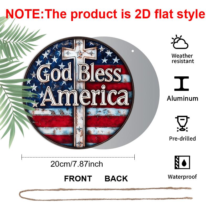 2D Flat, 1pc Vintage "God Bless America" Patriotic Metal Sign with US Flag & Cross Wall Decor, Ideal for Home, Office, for Man Cave, Veterans Day