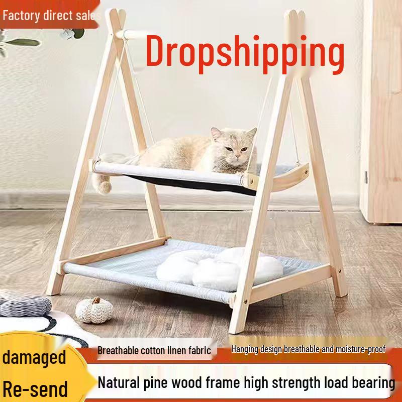 Solid Wood Hammock Bed for Small Pets - Elevated, Removable, and Washable. Perfect for Dogs, Cats, and Rabbits. Suitable for all Seasons.