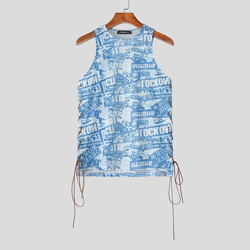 

INCERUN Summer Men Sleeveless Letter Print Side Bandage Casual Fitted Tank Tops 4XL светло-синий