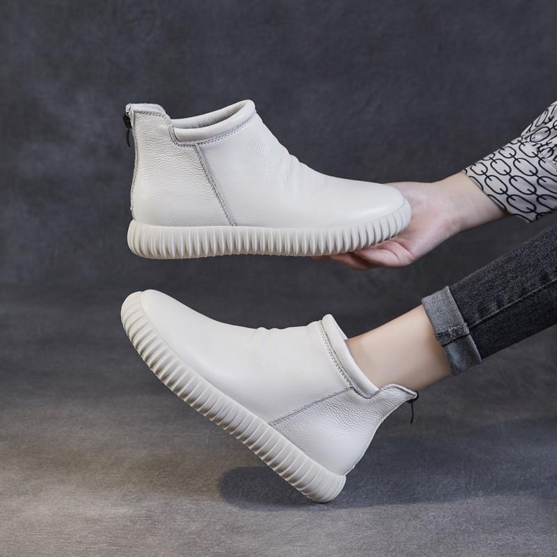 Johnature Genuine Leather Ankle Boots Casual Versatile Solid Color Soft Soled Flat Short Boots Women's Shoes