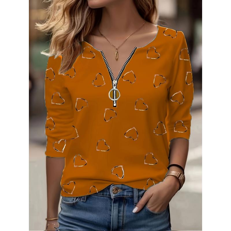 2026 Women's New Casual Heart Print Long Sleeve V-Neck Zipper T-Shirt
