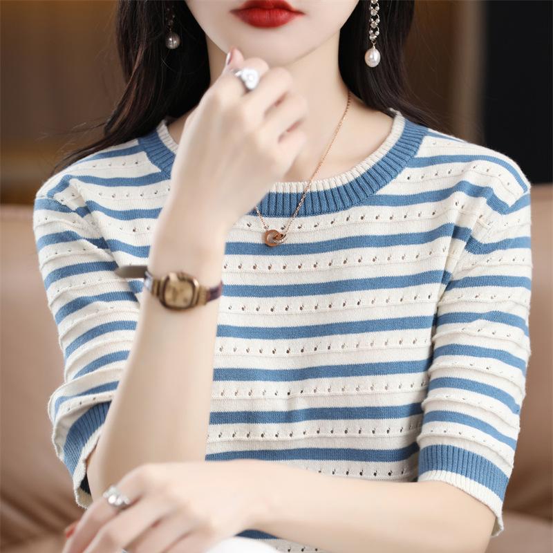 Crew Neck Striped Cotton Short-sleeved Women's Summertime Bottoming Shirt Relaxed Fit Versatile Cotton Thread T-shirt