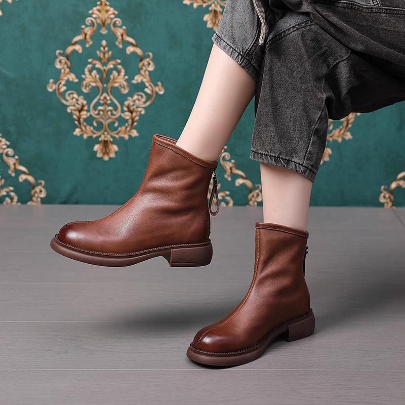 British Style Women's Genuine Leather Martin Boots, Autumn/Winter 2025 Vintage Brown, Non-Slip Fleece-Lined Flat Ankle Boots.