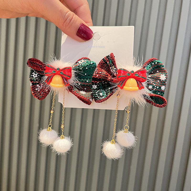 

Рождественский головной убор принцессы: Красный и зеленый бант с заколкой Санта-Клауса сбоку и цепочкой для волос для девочек