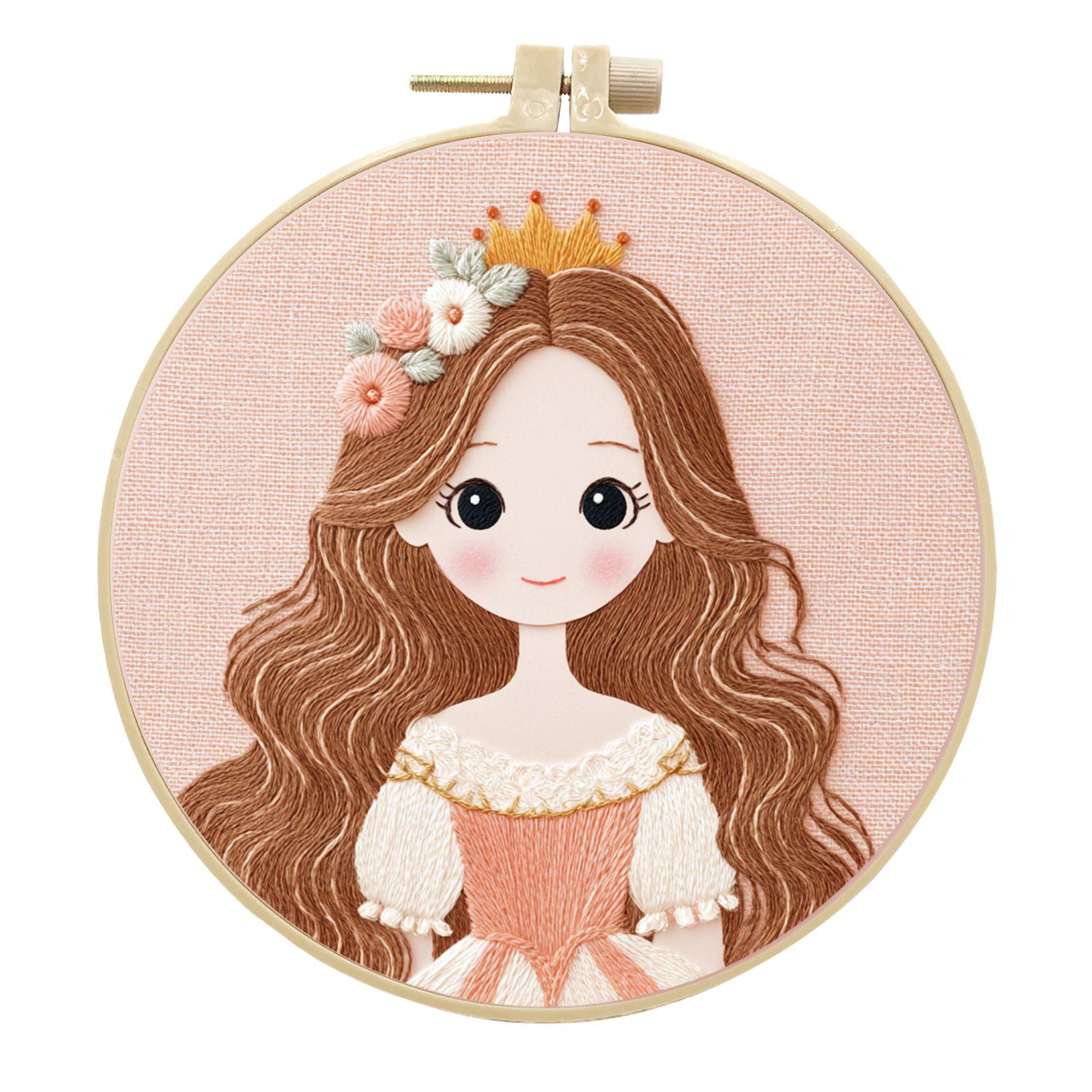 

1pc Cute Girl Floral and Green Plant Pattern Embroidery DIY Fabric Craft Kit 20cm