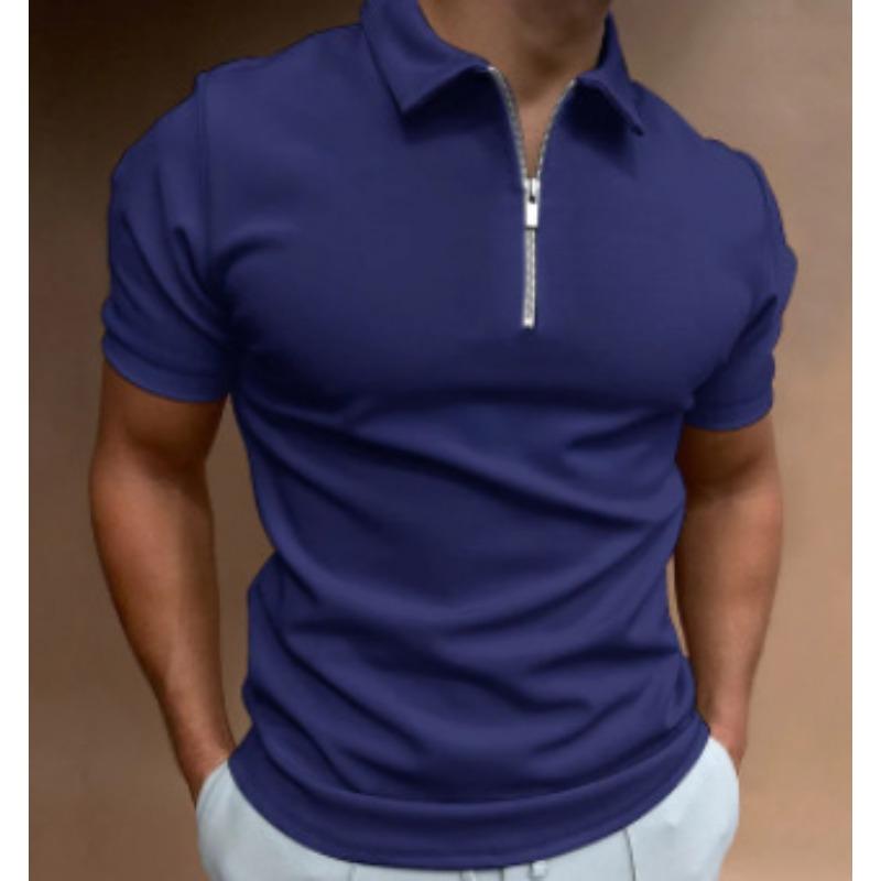 Mens Solid Color Zip Up Short Sleeve Slim Fit Polo Shirt